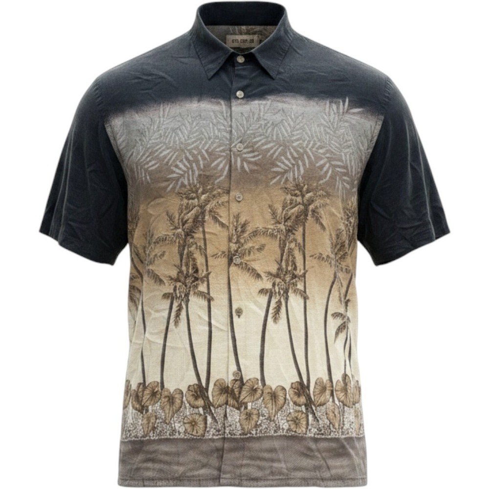 Campia Moda Mens XL Rayon Hawaiian Shirt Palm Tree Ombre Black Tan Tropical 4357